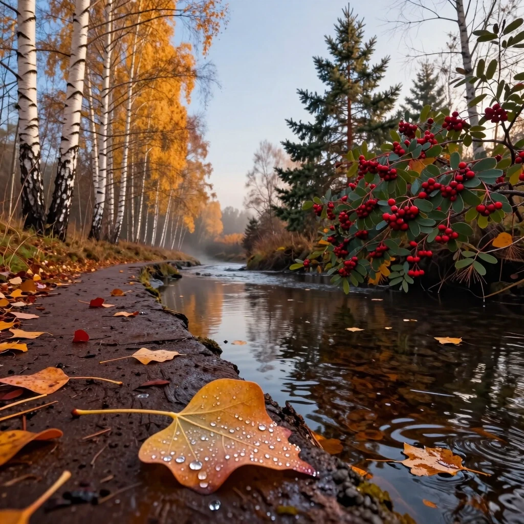 Minimalist photorealistic image of early autumn, eye‑level view by the bank of a small stream. In the foreground: a large aspen leaf on the damp ground near the water’s edge;…