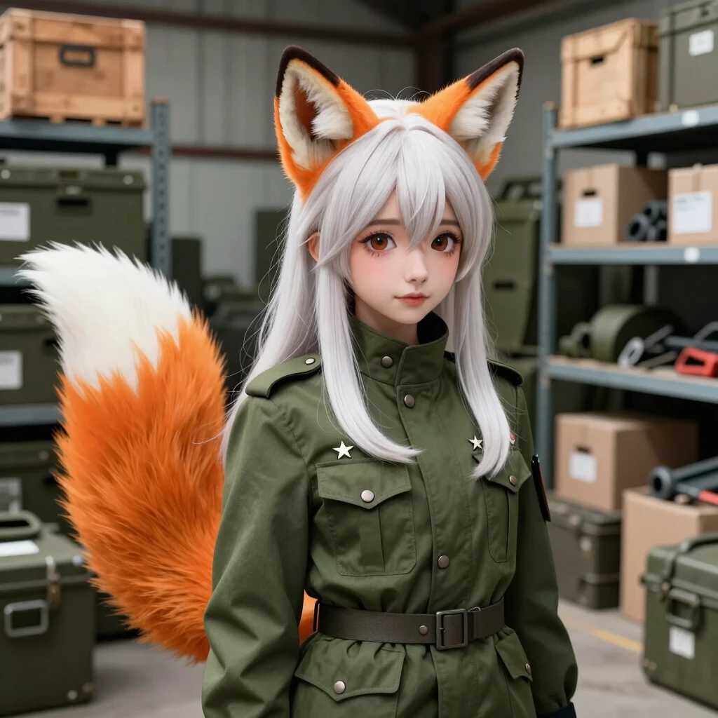 Anime style, a beautiful fox-girl with long white hair and a big fluffy fox tail, cute orange and white fox ears on her head. She is wearing a vintage retro-style olive-green…