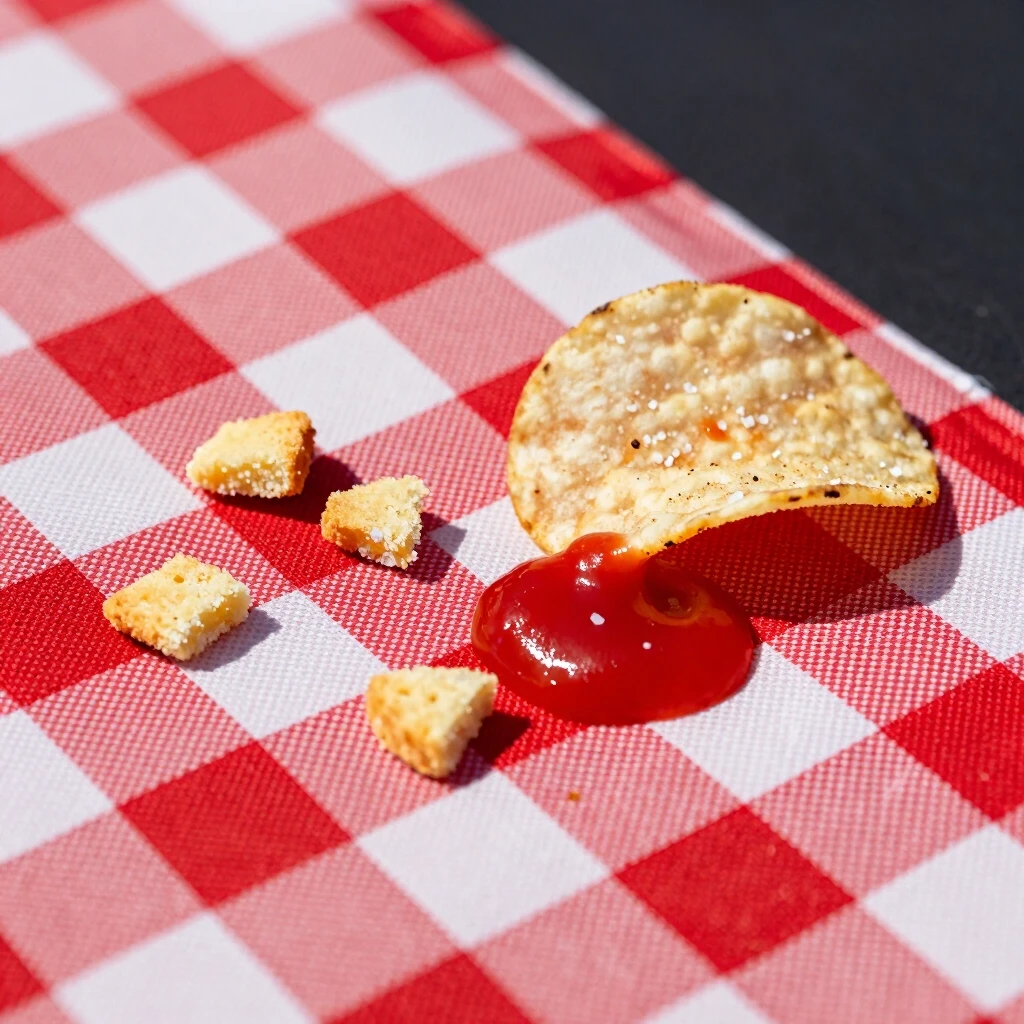 An extreme macro close-up shot of a red and white checkered picnic blanket texture isolated on a plain dark background. The fabric weave is highly detailed, showing individual…