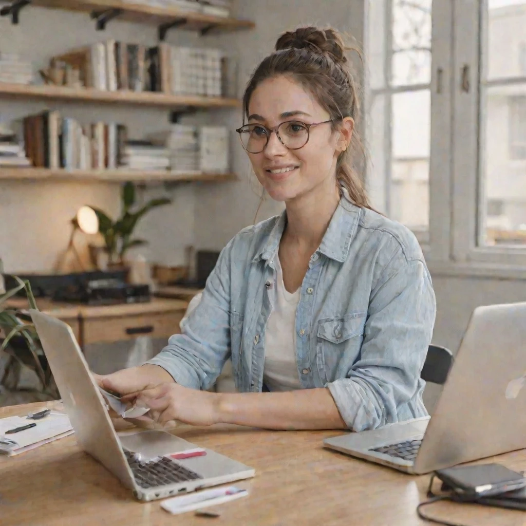 A busy woman in her early 30s multitasking — laptop open with work on screen, phone in hand, looking calm and organized despite the busy setup, coffee nearby, bright home office…