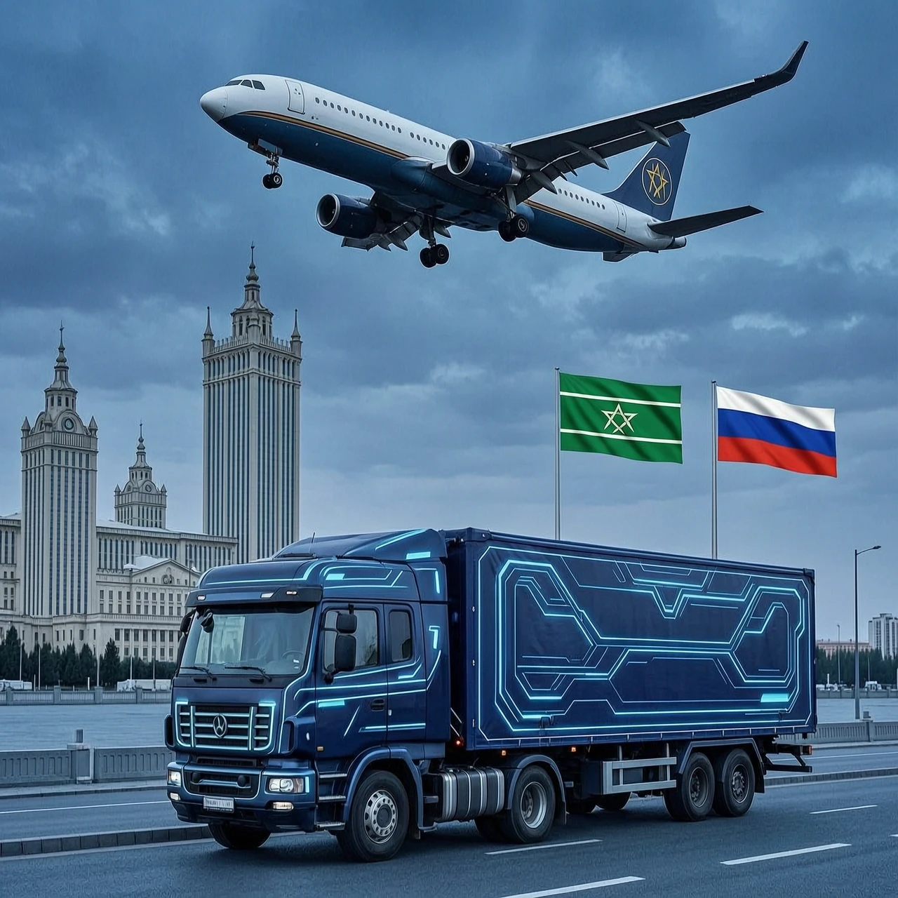 реалистичное изображение , на фоне достопримечательности москы и туркменистана добавить самолет в небе, разместить флаг туркменистана и россии в небольших размерах , на переднем…