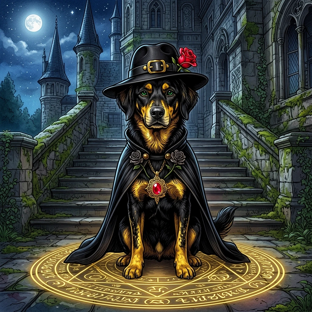(Background):Moonlit night spires of an ancient stone building with moss growing between the stones. There is a dog sitting on a wide landing at the bottom of a stone staircase.…