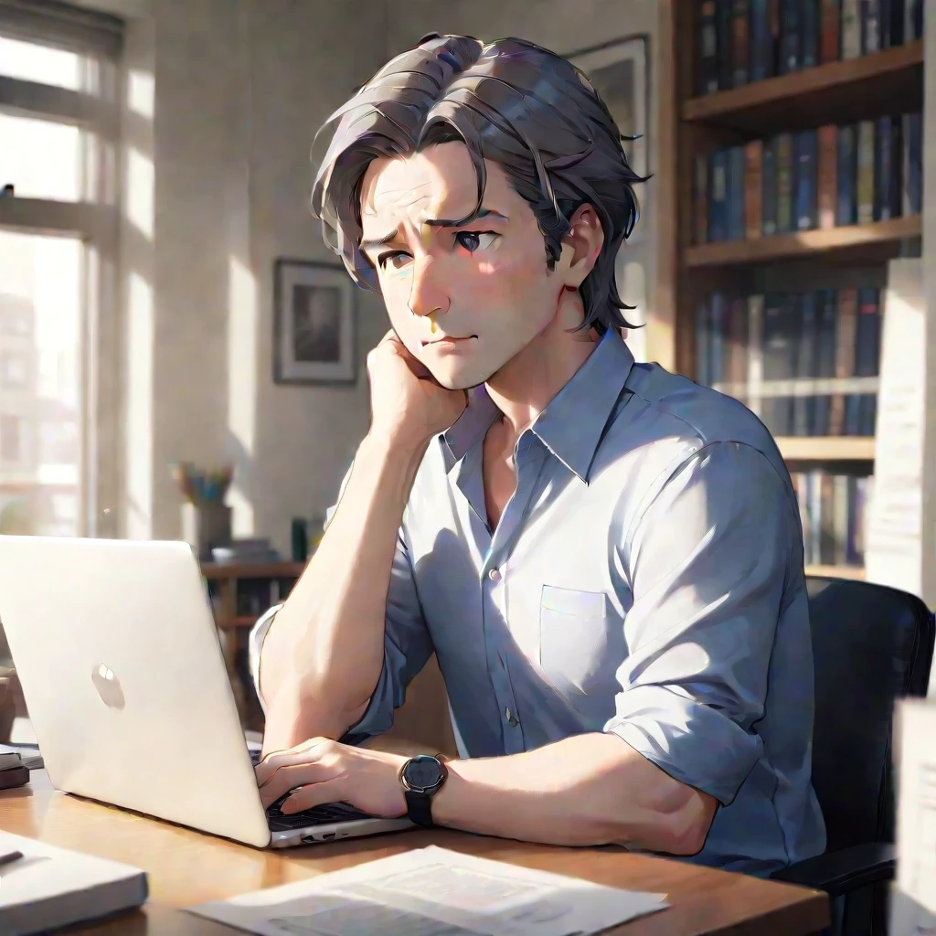 A confident man in his mid 40s sitting at a home office desk, laptop open, looking thoughtful and slightly amazed, as if he just learned something unexpected, salt and pepper…