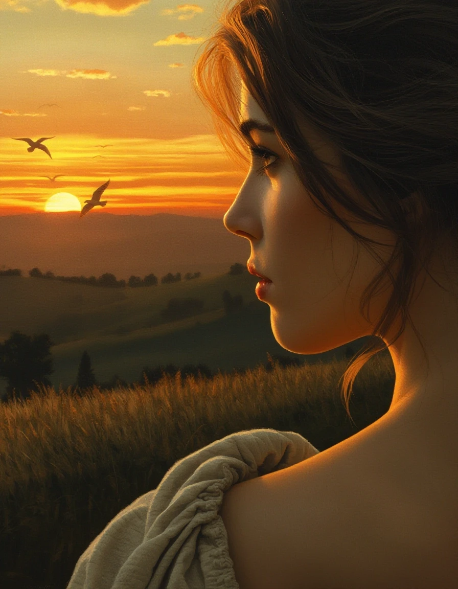 A masterpiece. Oil painting. A landscape at sunset. In the distance, you can see a line of birds flying away. A beautiful woman is shown in close‑up, looking at them in profile.…
