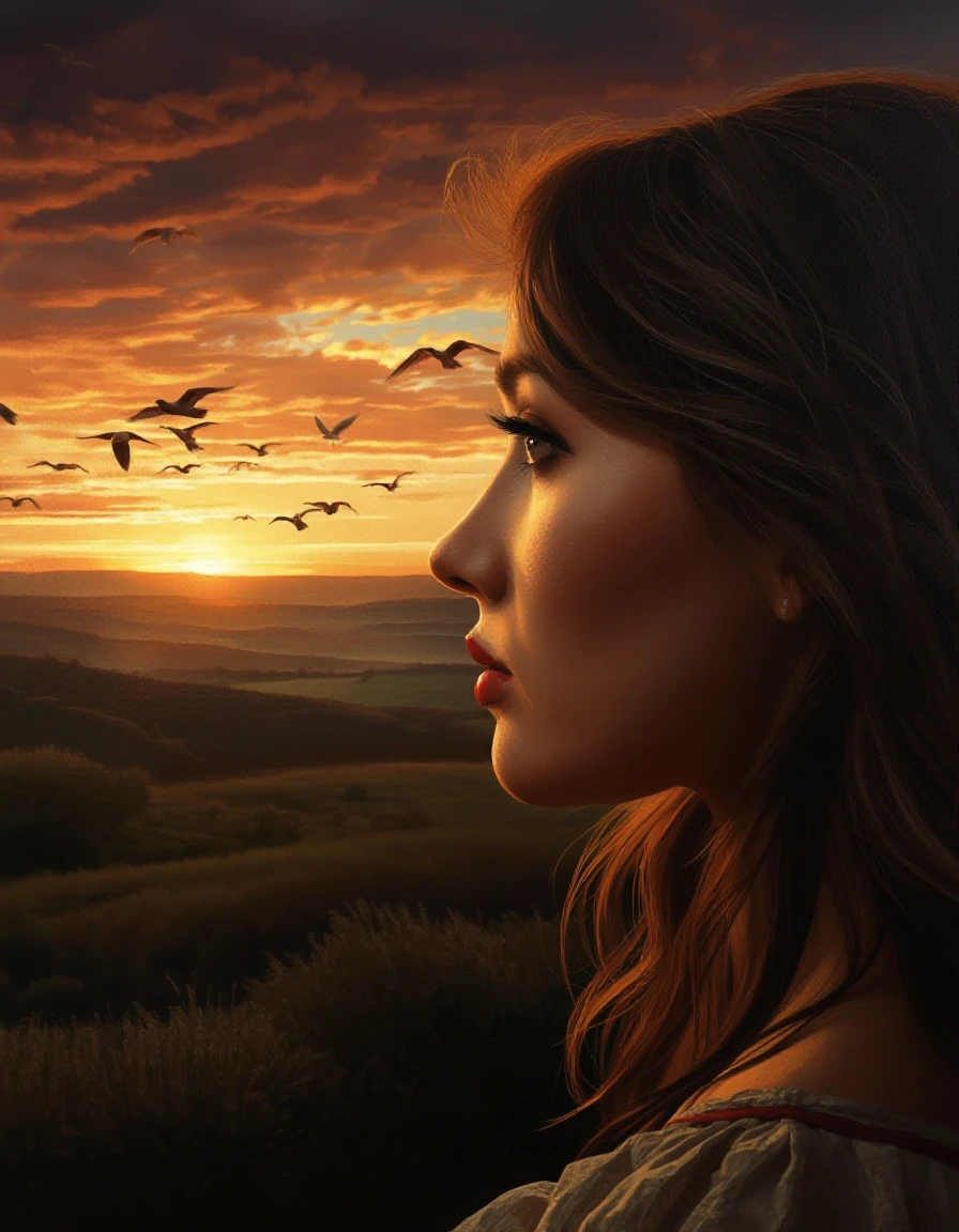 A masterpiece. Oil painting. A landscape at sunset. In the distance, you can see a line of birds flying away. A beautiful woman is shown in close‑up, looking at them in profile.…