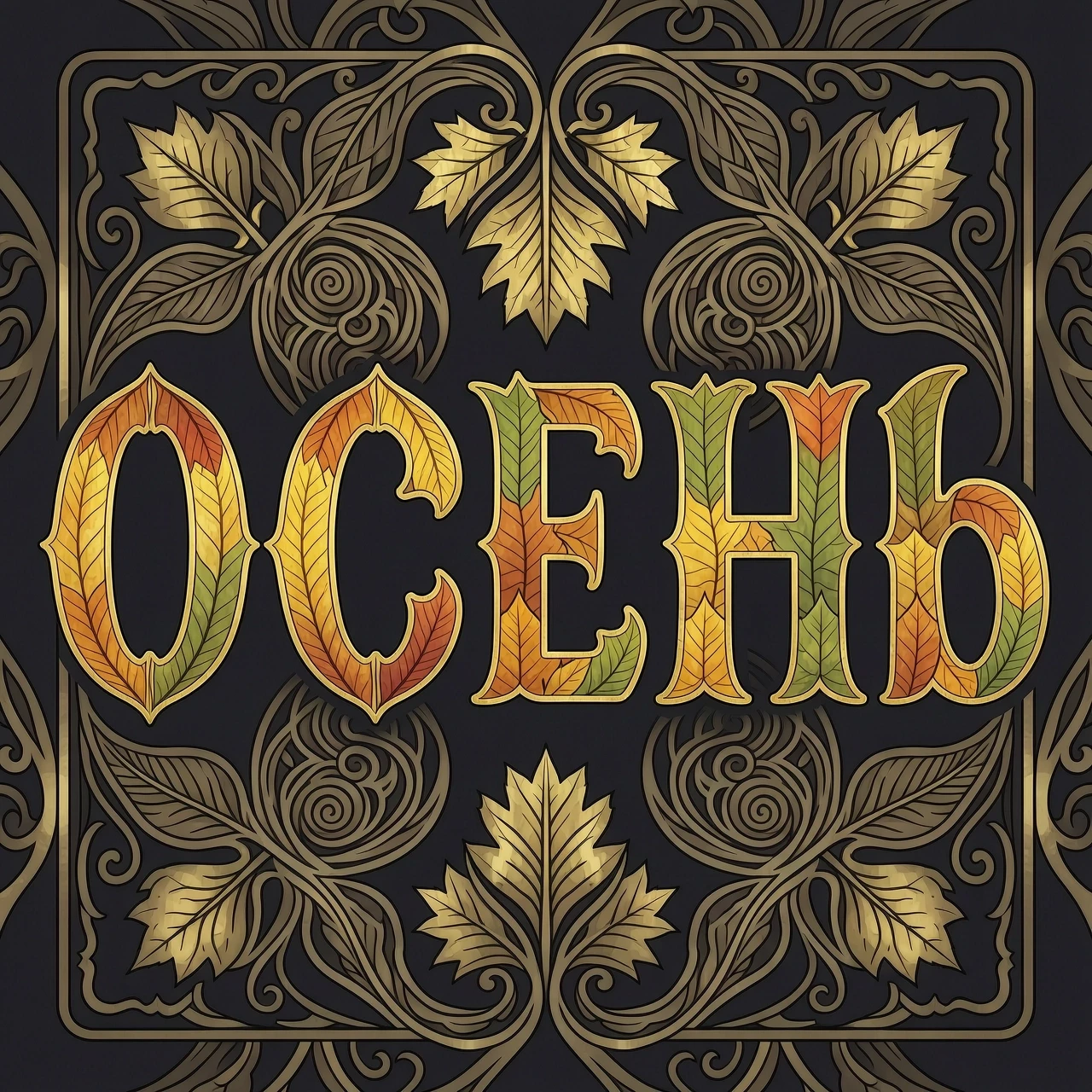 Digital image with double exposure and overlay of layers and textures. Vector graphics. The word "OCEHb" is made of gold, crimson and green skeletonized textured…