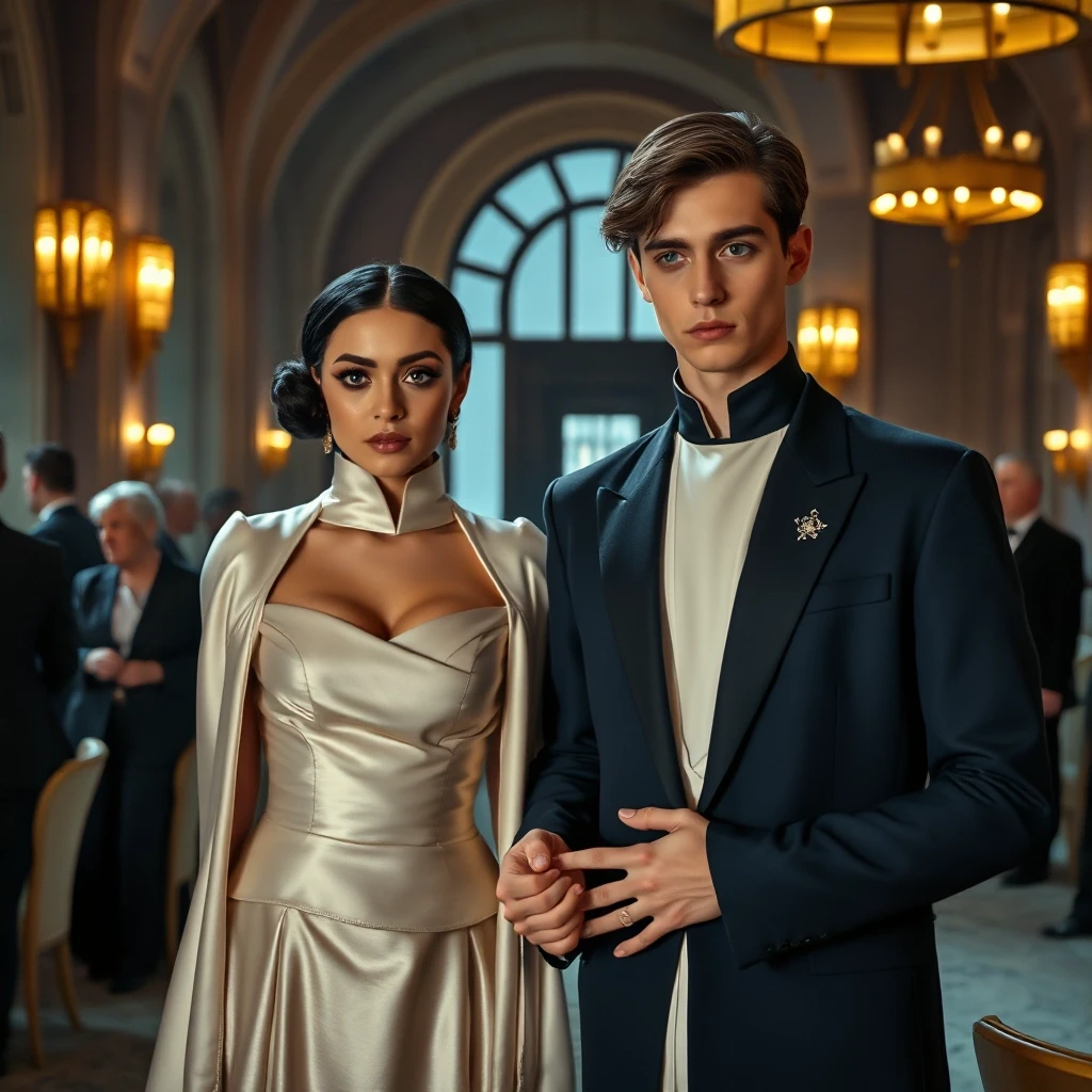 Cinematic film still, live-action movie shot. A handsome young 18-year-old green-eyed male and a beautiful young woman with short stylish purple hair, undercover as an…