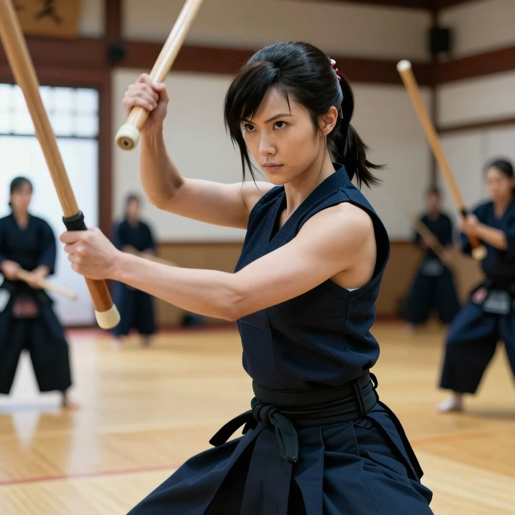 Tifa Lockhart, practicing with a bo staff in a dojo, photo, high resolution, high detail, realism — работа пользователя Солнечный Лазурь