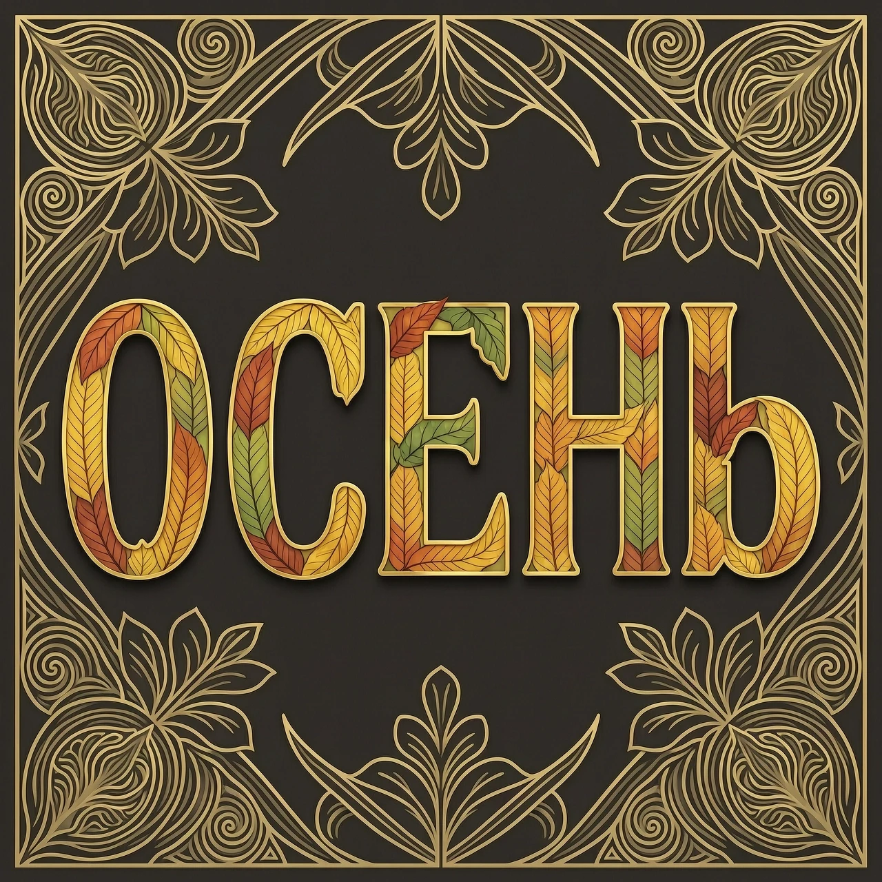 Digital image with double exposure and overlay of layers and textures. Vector graphics. The word "OCEHb" is made of gold, crimson and green skeletonized textured…