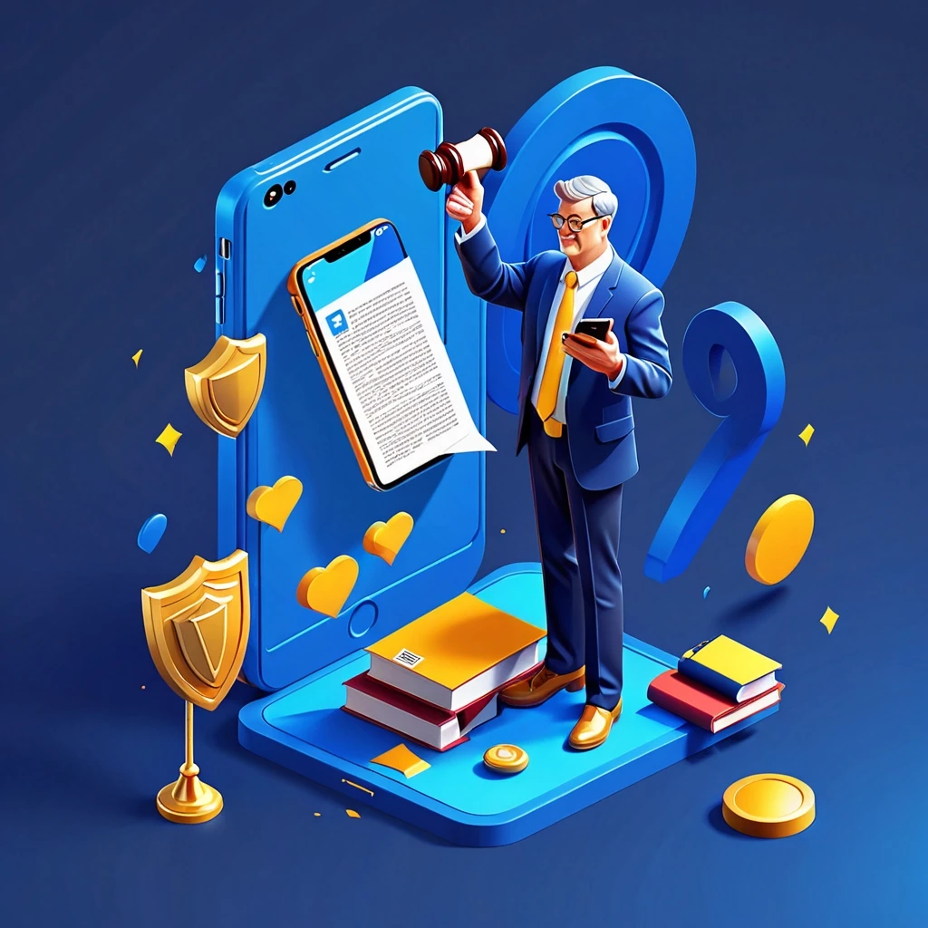 Isometric 3D illustration, middle-aged man standing relaxed, holding a smartphone in his hand, a bright 3D document with a seal and text flying out of the phone screen, floating…