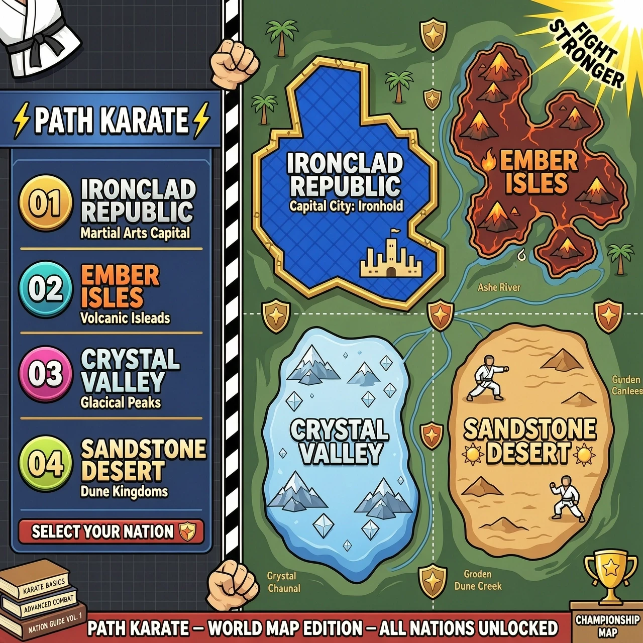 Create a map of 4 fictional countries for the Roblox game Path Karate, with the names on the left. — работа пользователя Пылающий Оптодиод