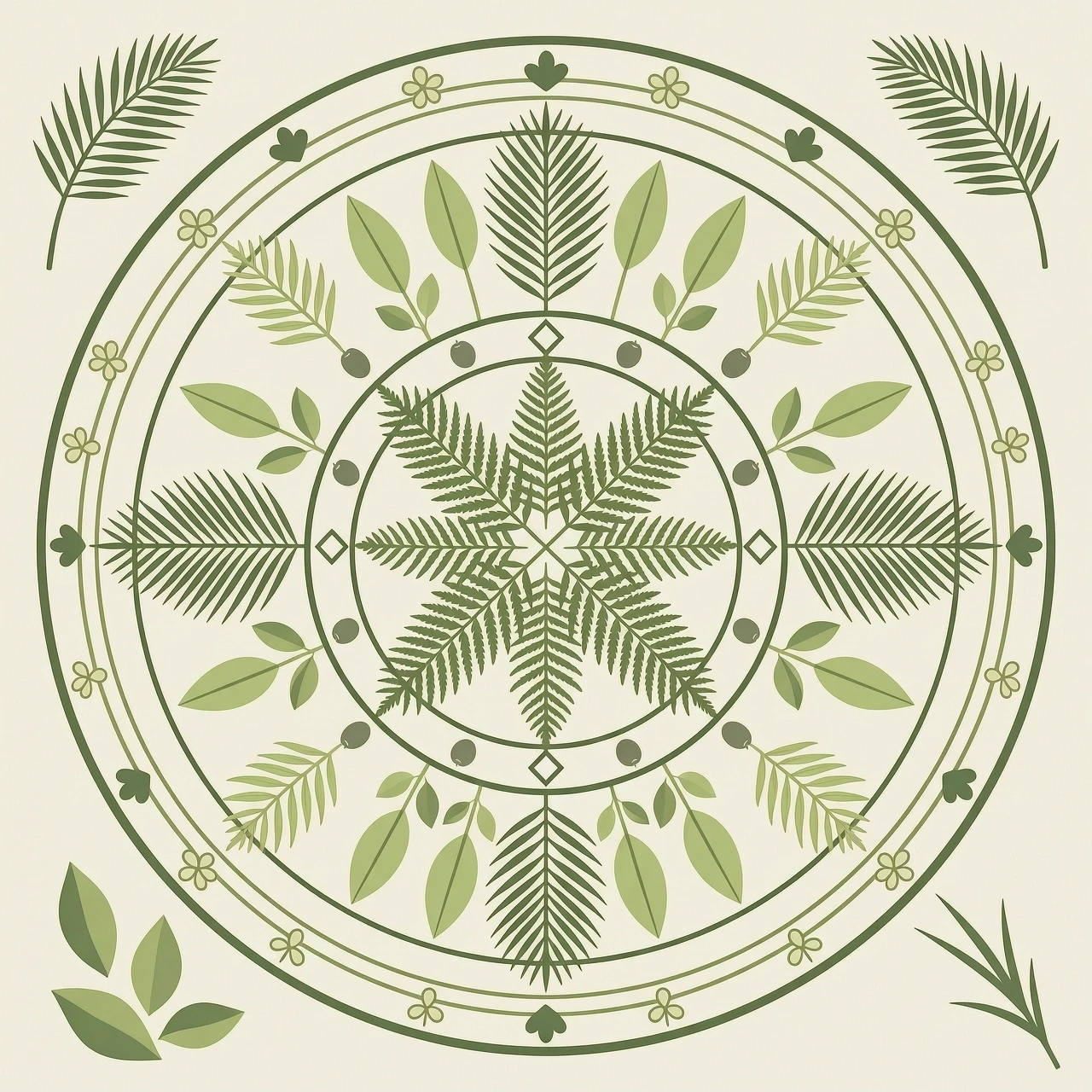 Abstract botanical poster, minimalist composition, concentric circles and overlapping leaves, balanced mandala-like pattern with palm fronds and ferns, soft pistachio and muted…