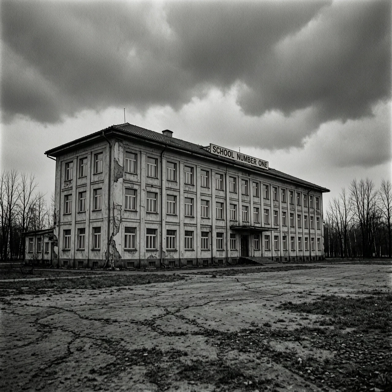 Cinematic black and white photography, melancholic and somber atmosphere, wide shot of School Number One in Beslan. The building stands silent and imposing under a heavy,…