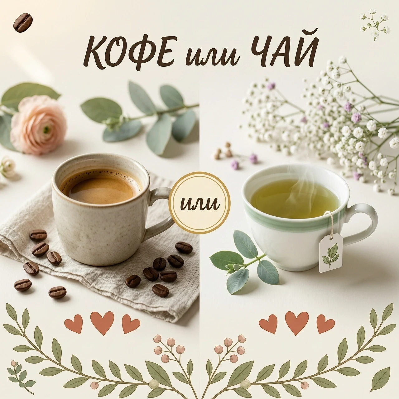 Фотореалистичная композиция «КОФЕ или ЧАЙ» в стиле hygge, пастельная палитра , в бежевых тонах, мягкий свет, 8K. Кадр поделён пополам: слева — красивая кружка с кофе, кофейные…
