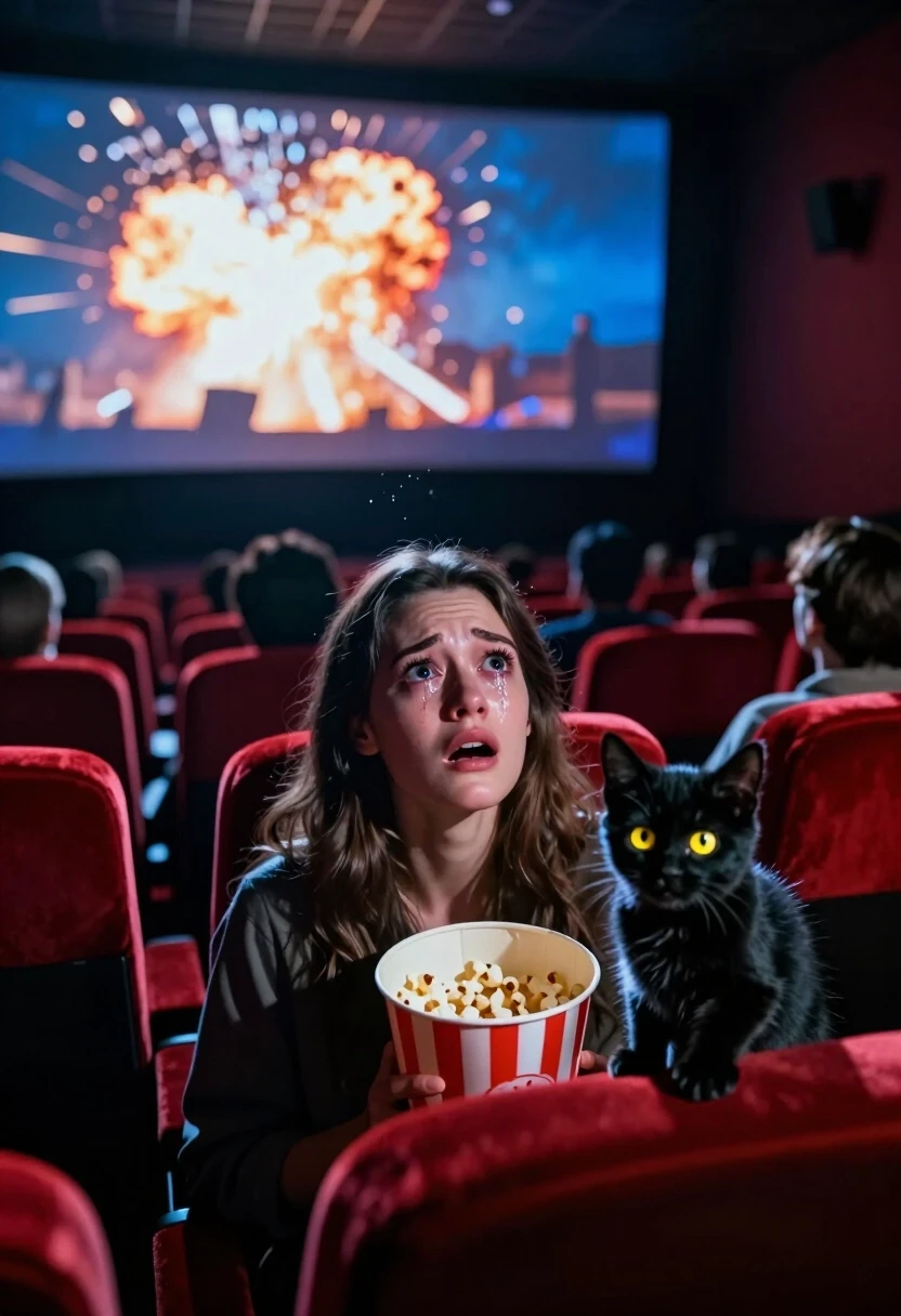 Photorealistic cinematic shot, 8K, Octane render, dramatic lighting. Wide shot with a low-angle camera tilted slightly up, looking from the back row of the cinema towards the…