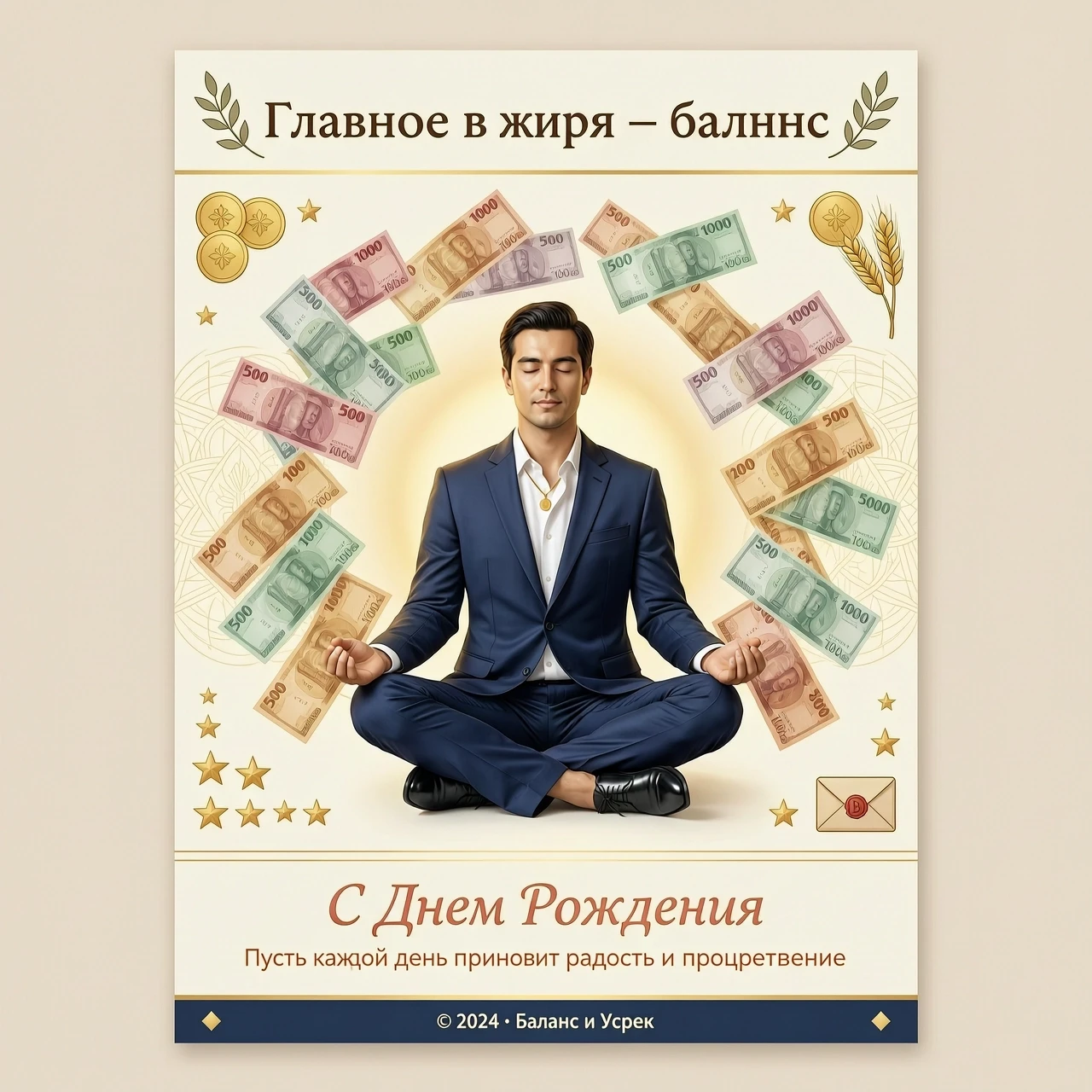 На изображении представлен белый мужчина в офисном костюме, сидящий в классической позе лотоса. Эта поза символизирует спокойствие, гармонию и внутреннюю сосредоточенность.…