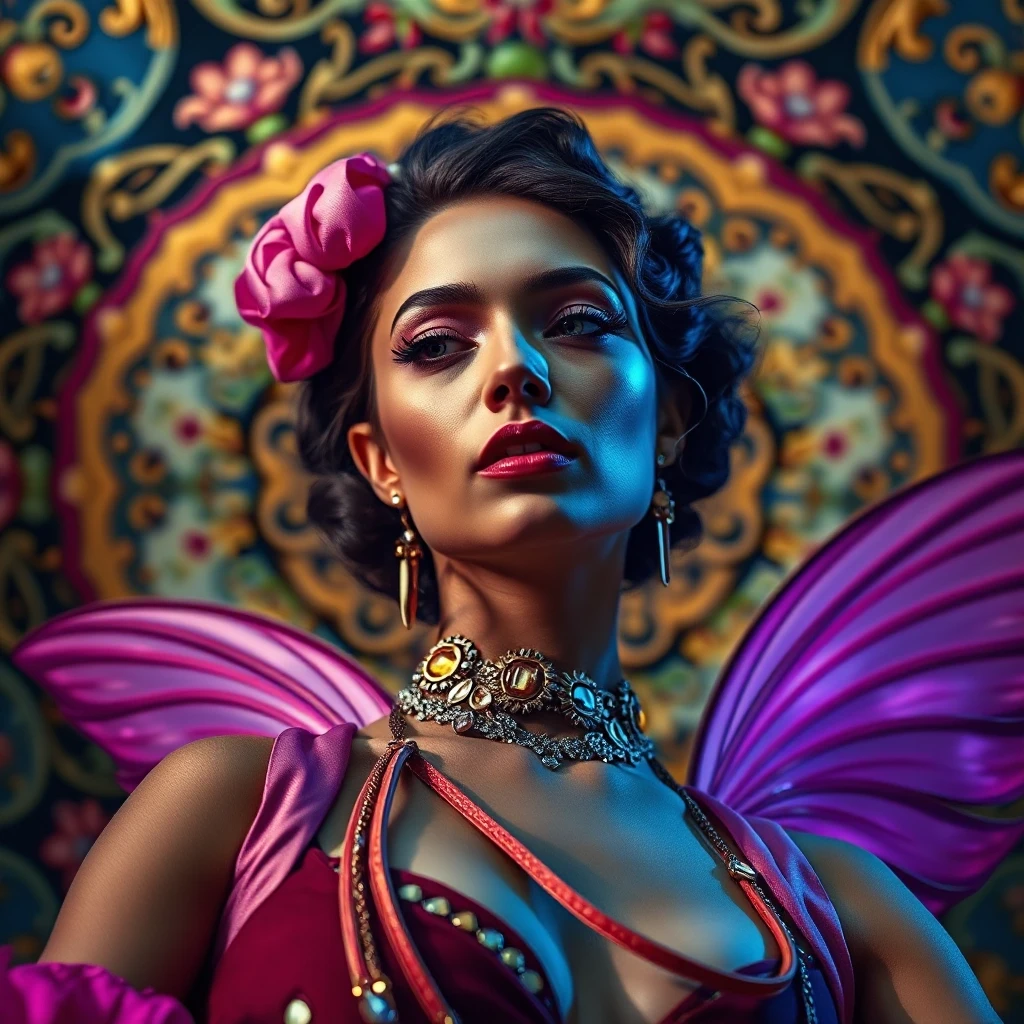 (Woman:1.3) Flamengo Dancer, Fairy-Tale, Full eyebrows, wearing Cyberpunk Pink, Purple and Lavender garb, her Burgundy, Olive and Tan garb tailored by Roksanda Ilincic trinkets,…