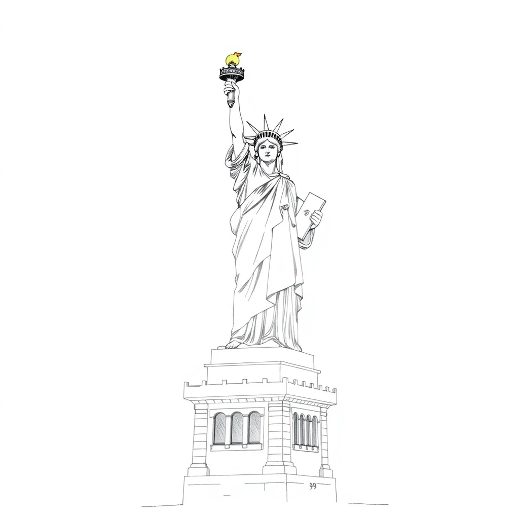 Statue of Liberty in New York: simple pencil sketch, only lines and outlines, white background, like in a children's book, monochrome — работа пользователя Скиф
