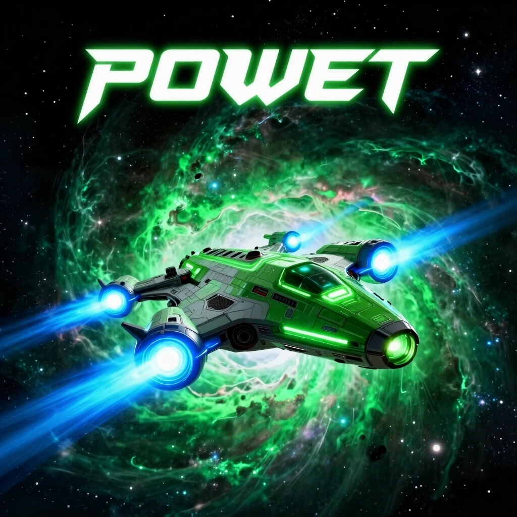 Power metal album cover. A futuristic spaceship with glowing green elements and blue ion engines flies through a vibrant cosmic nebula. The deep black of space contrasts sharply…