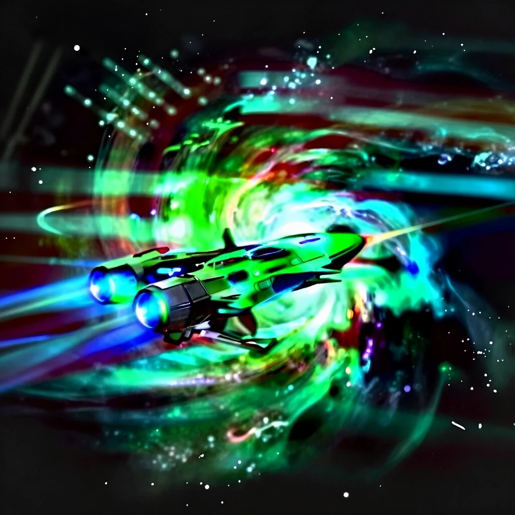 Power metal album cover. A futuristic spaceship with glowing green elements and blue ion engines flies through a vibrant cosmic nebula. The deep black of space contrasts sharply…