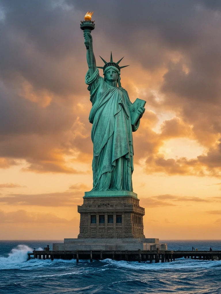 Statue of Liberty in New York, cinematic wide shot, majestic and monumental composition, highly detailed copper texture with realistic verdigris patina, dramatic golden hour…