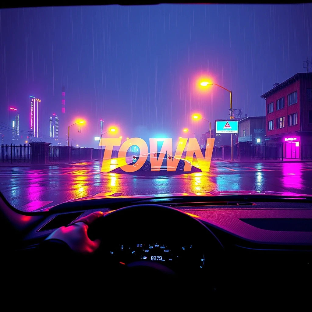 Album cover for a phonk track titled "Town", 1024x1024 pixels. Cinematic view of a menacing Eastern European or American industrial city skyline at 3 AM under heavy…
