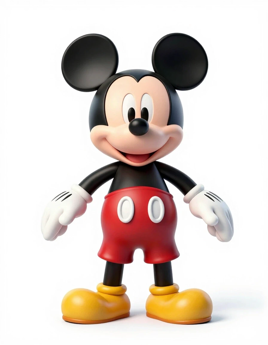 A full-length shot of the classic Mickey Mouse standing in a strict pose of the letter "T", legs shoulder-width apart, arms spread apart, on a pure white background,…