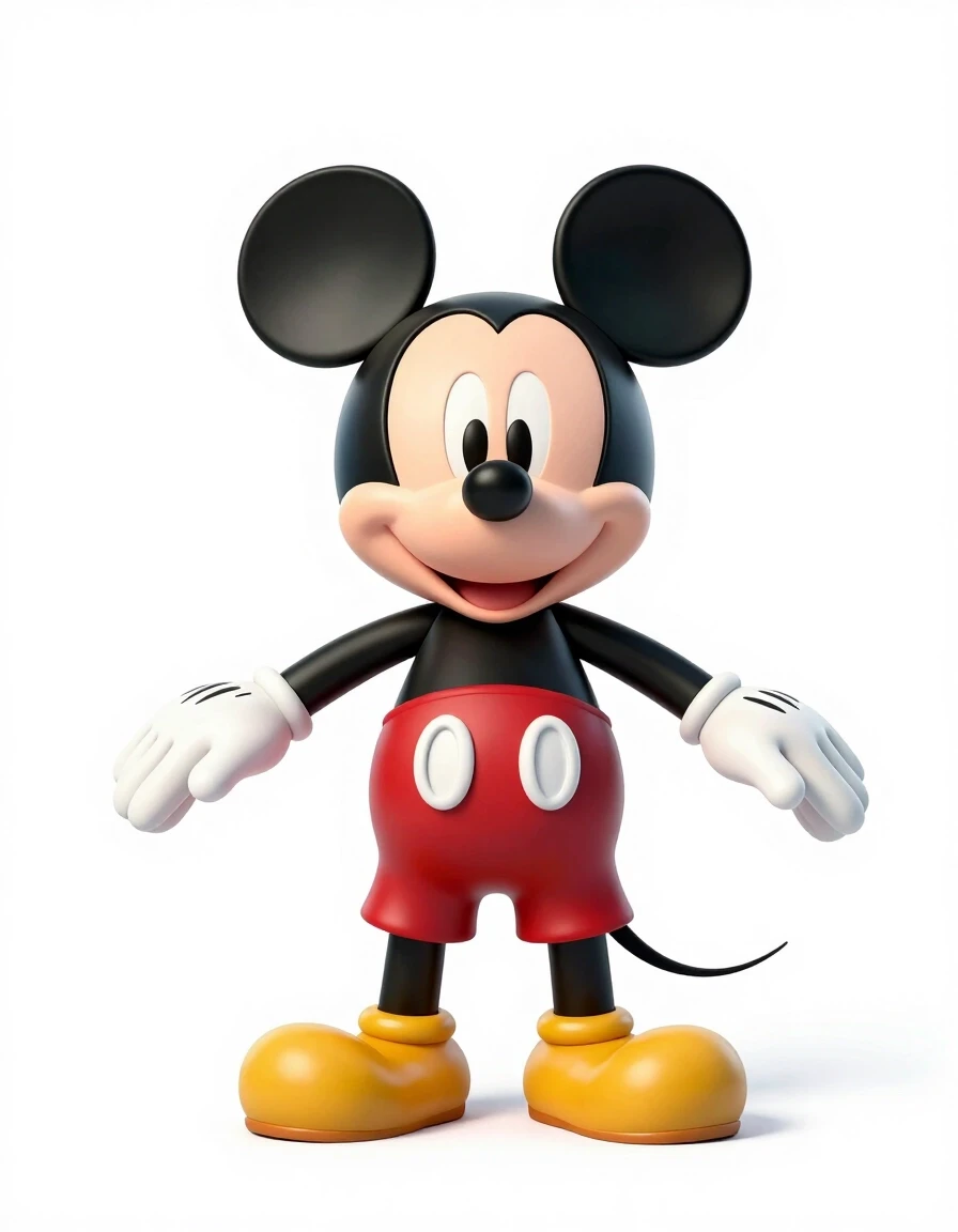 A full-length shot of the classic Mickey Mouse standing in a strict pose of the letter "T", legs shoulder-width apart, arms spread apart, on a pure white background,…