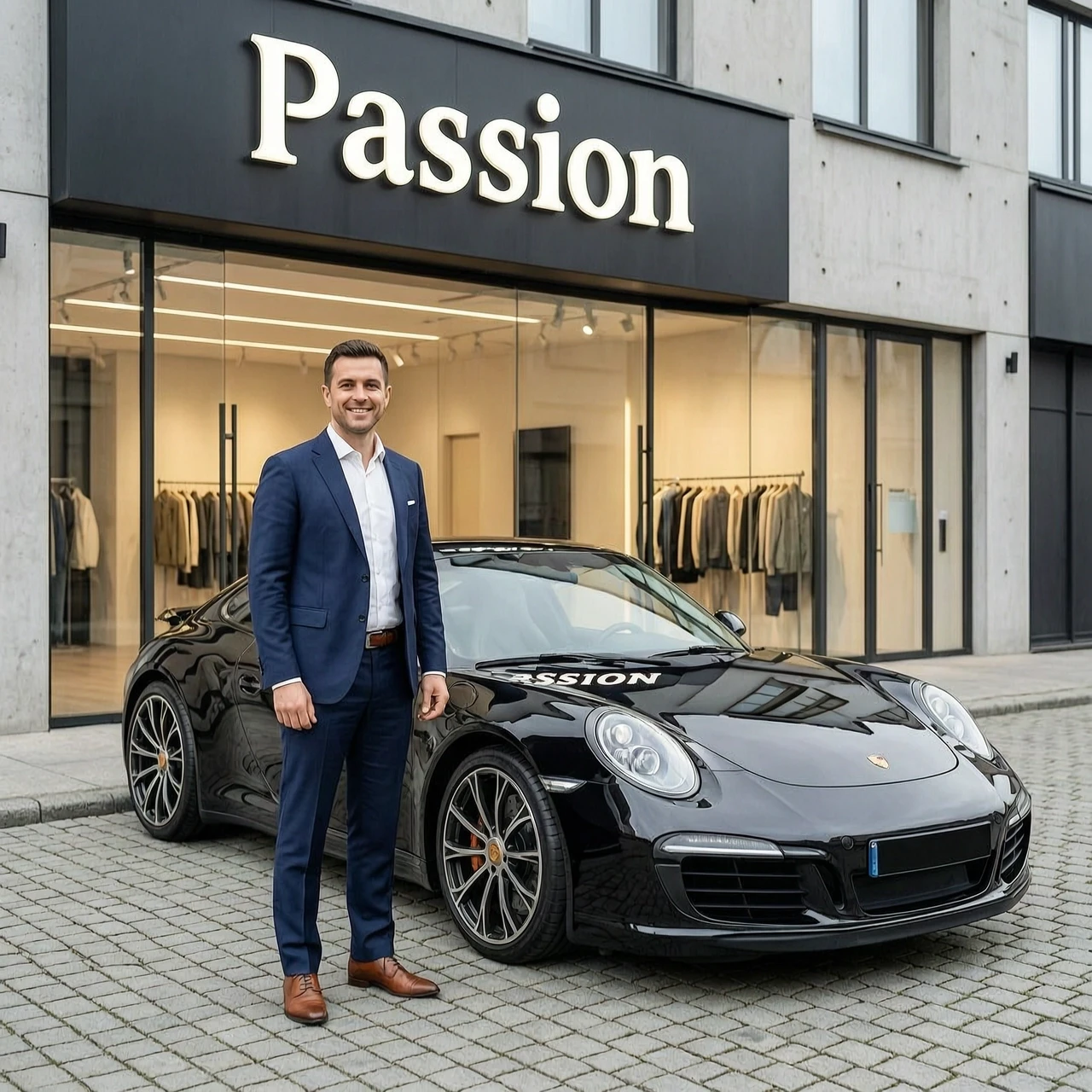 На заднем плане находится агенство с вывеской Passion , на переднем плане стоит мужчина в костюме а рядом припаркован Porsche 991 — работа пользователя Блестящая Тьма