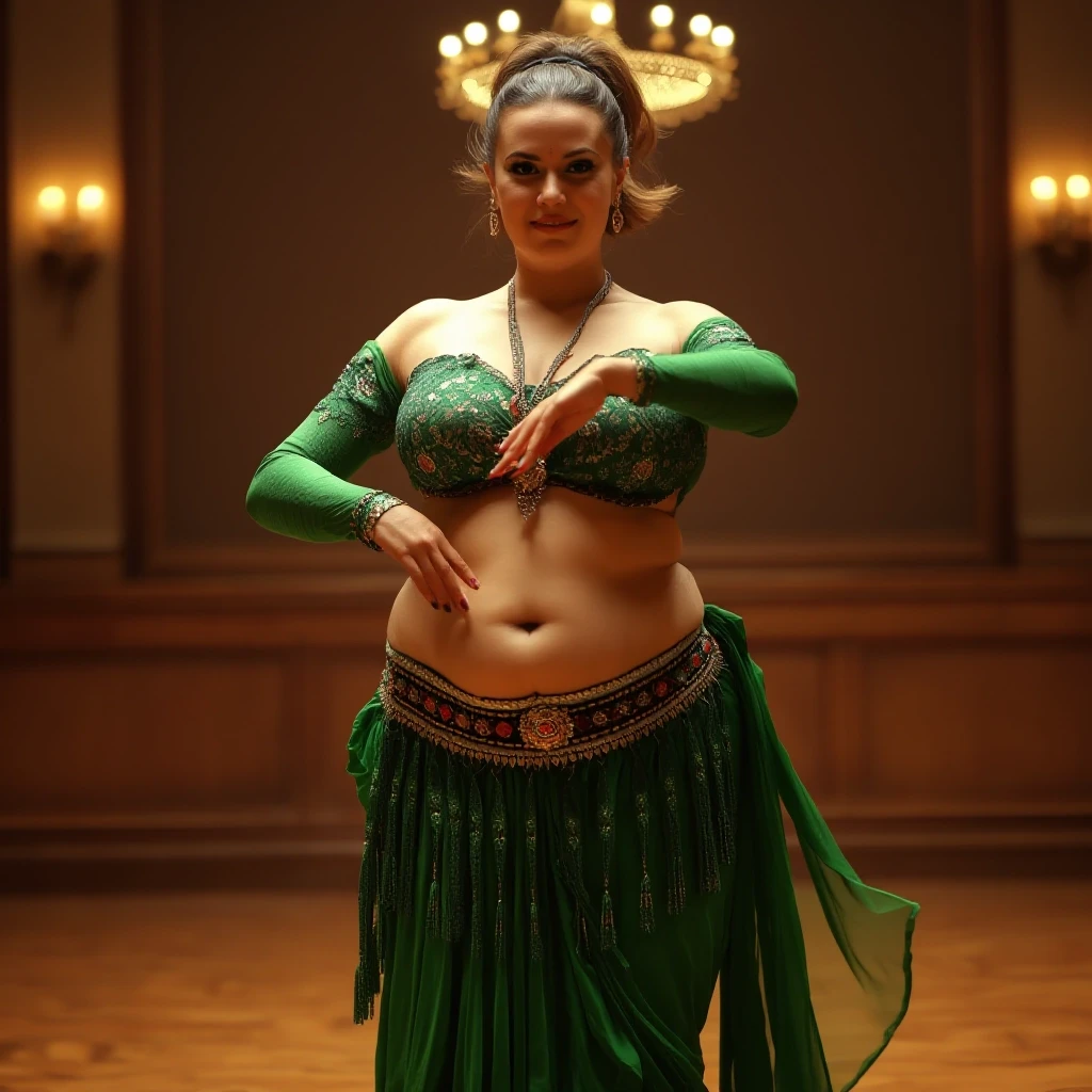 front view chubby belly dancer fifty years woman in green costume brown short ponytail hair stand in hall — работа пользователя Прекрасная Мантикора