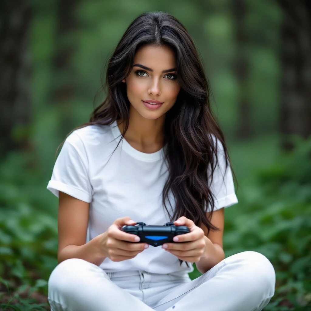 Woman playing computer game. Dark long hair, white jeans, white t-shirt. Nature — работа пользователя Могущественный Танец