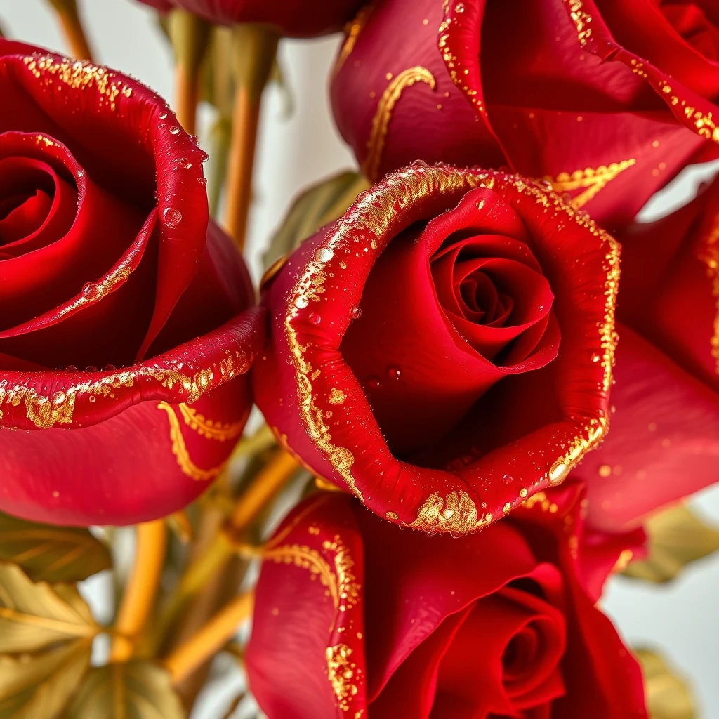 A digital image. Macro photography. A bouquet of red roses with dew on the petals. Gilding, gold, gold leaf, radiance. Golden patterns on the petals. Golden stem and leaves::…