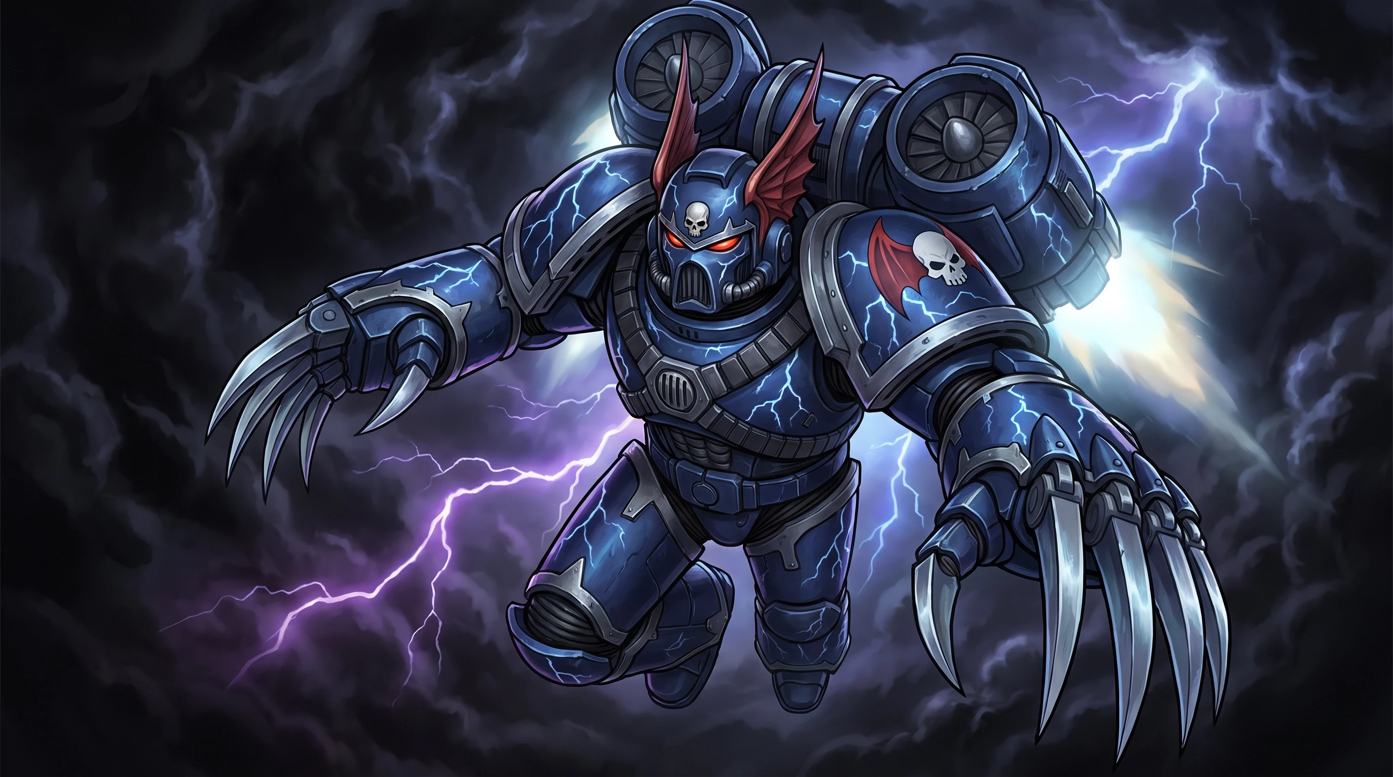 Warhammer 40000 (франшиза), космодесантник из легиона Повелителей Ночи (череп на шлеме, вампирские крылья на шлеме, рисунки молнии на броне), летит на прыжковом ранце, боевая…