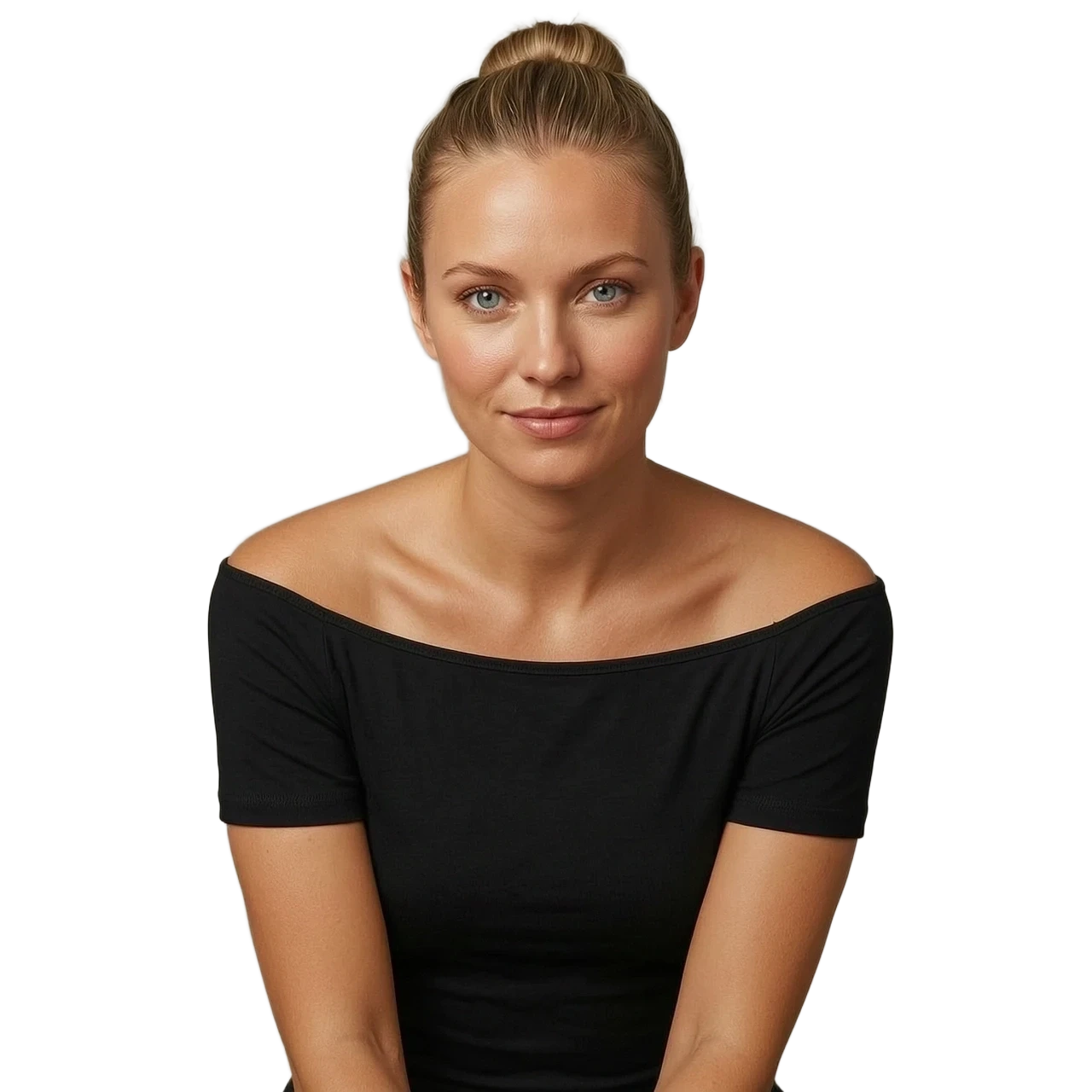 Молодая женщина (примерно 25–28 лет), стройная, светлая кожа, длинные волосы собраны на затылке, голубые/серые глаза, нейтральное уверенное выражение лица с лёгкой…