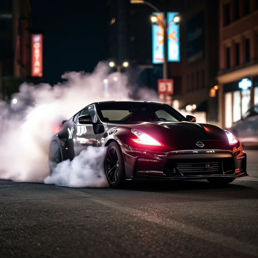 Nissan 370z делает бернаут на главной улице в ночном городе, тормоза раскалились, из колес идет дым — работа пользователя Быстрая Симметрия