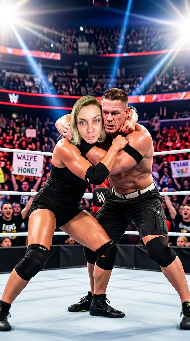 Cinematic hyper-realistic action shot, wide angle, professional wrestling match in a crowded arena. A woman in professional wrestling gear is engaged in an intense grappling…