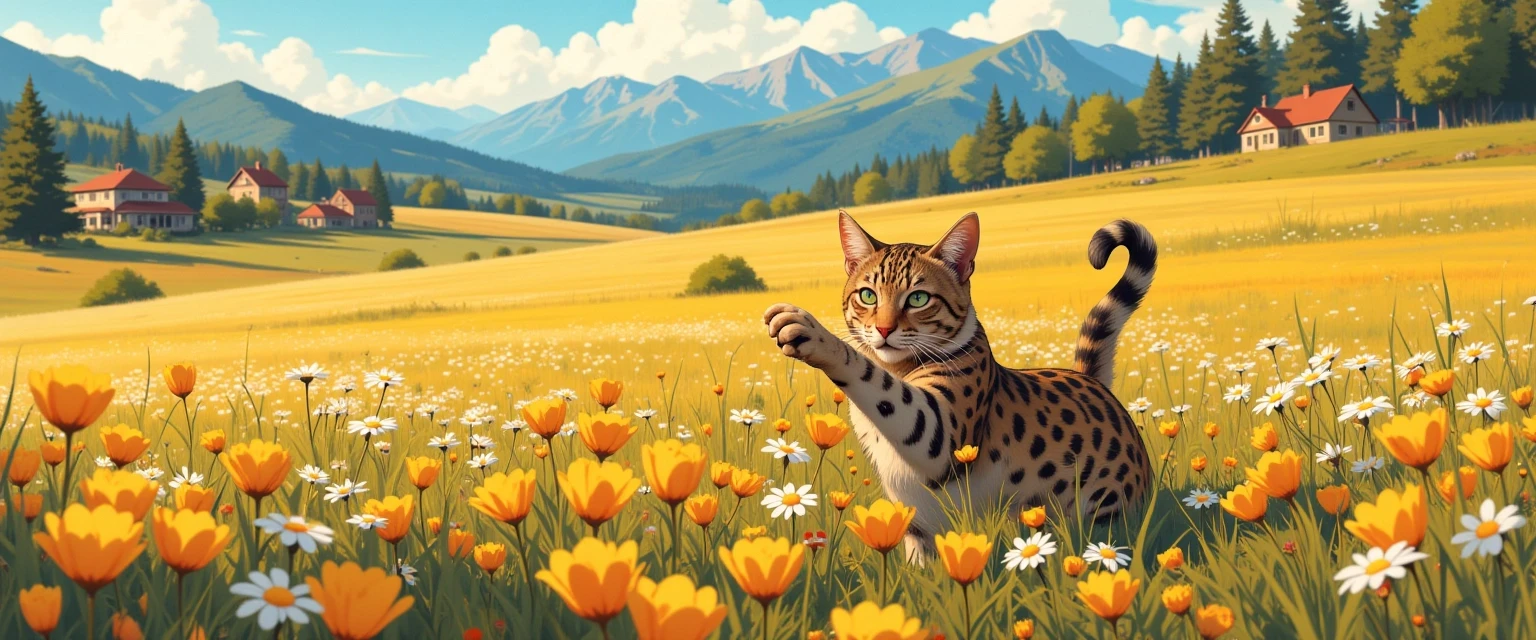 Кошка породы савана играет на цветочном поле. Время суток ближе к вечеру. На фоне виднеются невысокие горы и уютные жилые домики. У кошки два кошачьих хвоста за спиной. Аниме…