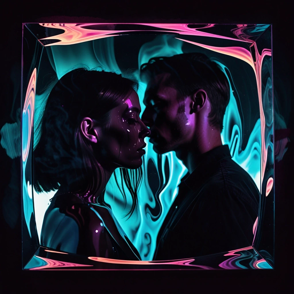 Surreal rock album cover. A close-up of a mirror in the dark. The reflection of a guy and a girl is melting and swirling like liquid, blending their silhouettes together. Glitch…