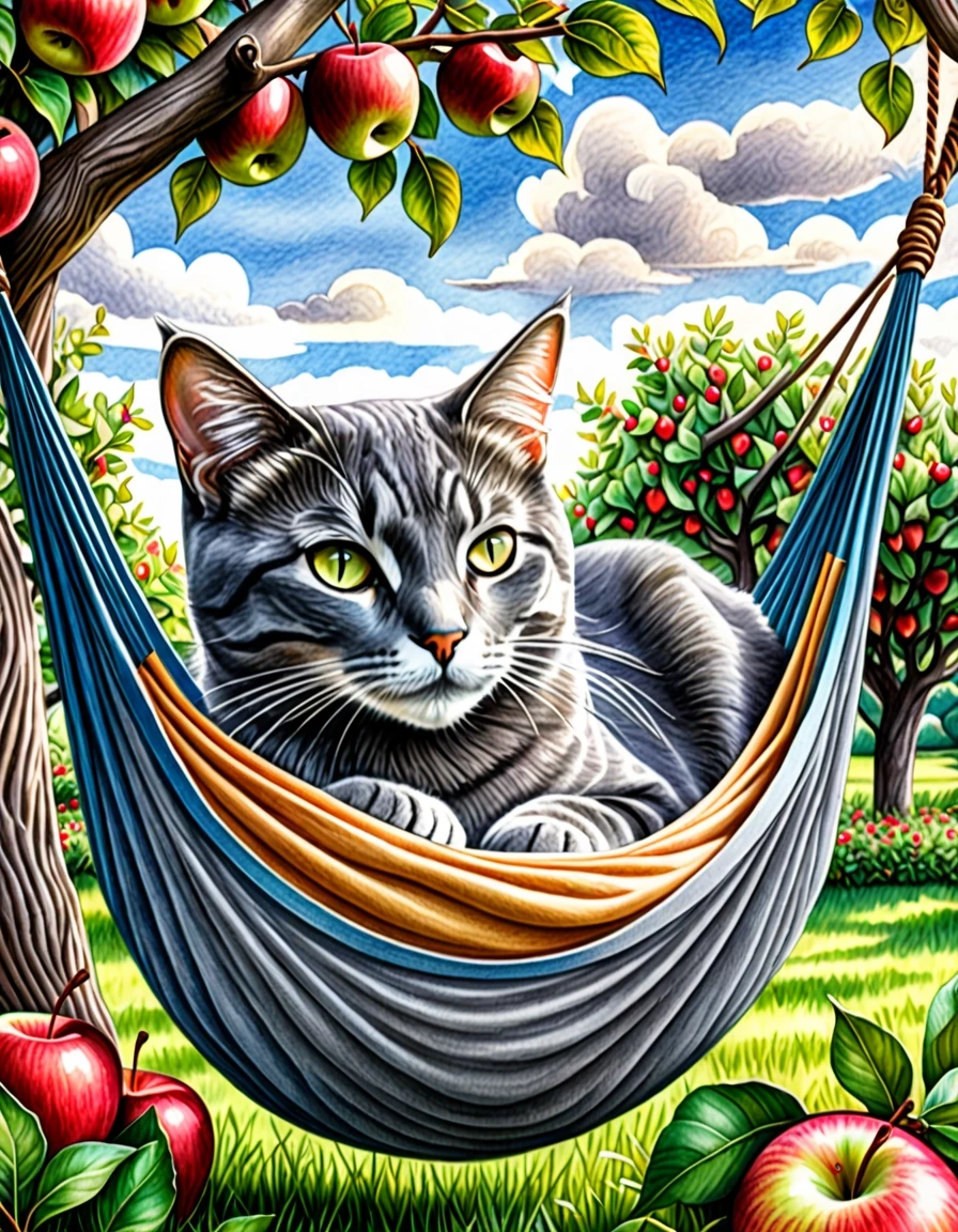 A masterpiece. Create an image. Watercolor painting style: ((Grey cat with sly sly eyes):1.6 dozing in a hammock under the apple trees in the garden):1.6, clear edges, clear…