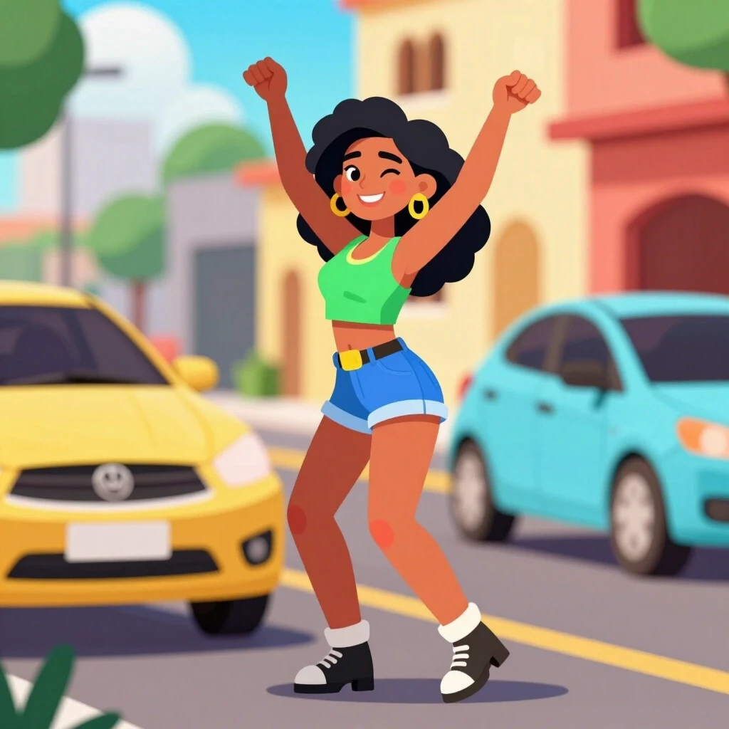 Pretty brazil girl is dancing at the street. Around she expensive car. Bright and sunny. Cartoon-style, yet detailed — работа пользователя Искрящаяся Лава