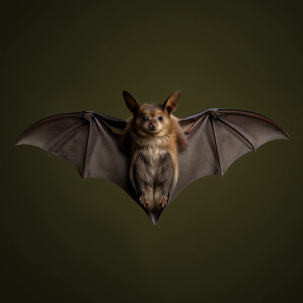 Draw a symmetrical frontal frame in the style of Wes Anderson for the A6 format. In the center is a full—length bat (in a relaxed pose, wings neatly folded), with a light…