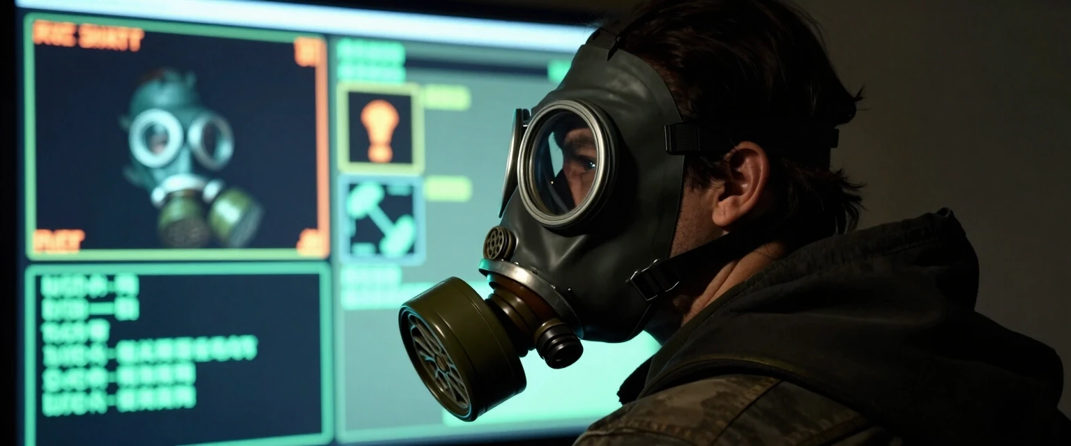 Создай изображение персонажа из игры nuclear nightmare который носит противогаз, и сделай так что бы он смотрел в экран одной стороной — работа пользователя Уникальный Ускоритель