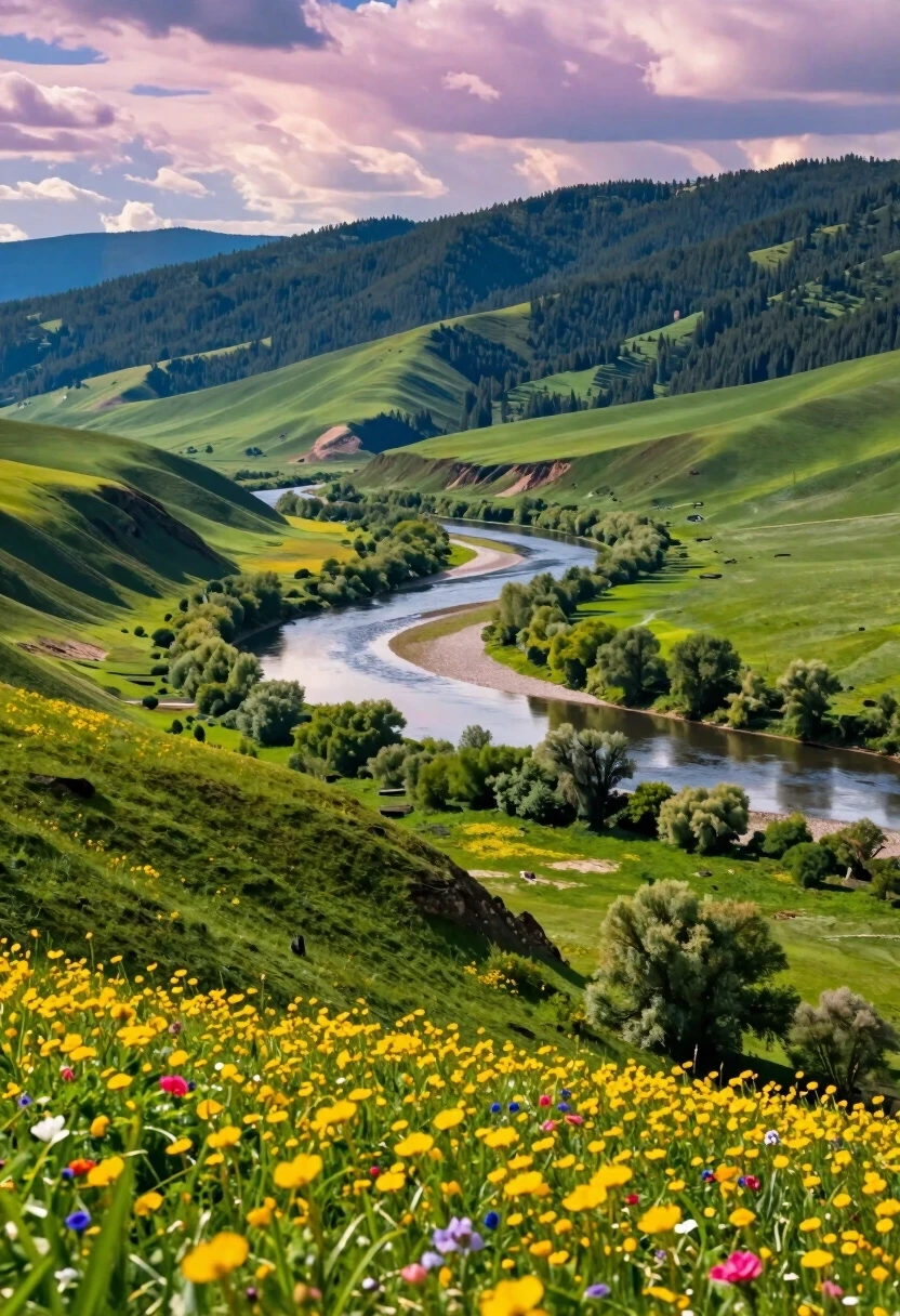 Beneath this celestial spectacle lies a sprawling, verdant valley. Rolling hills covered in lush green grass and dense forests stretch out towards the horizon. A winding river,…