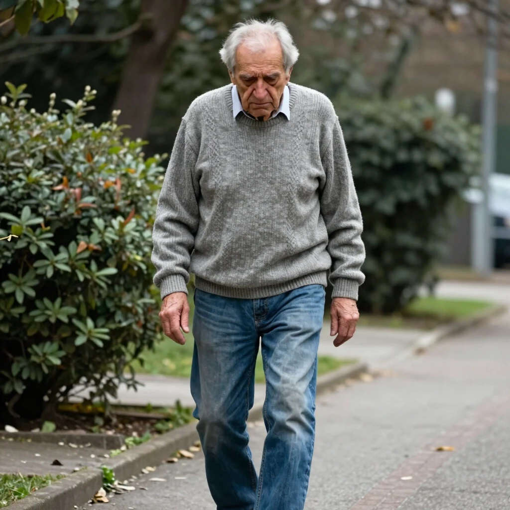 A realistic depiction of an elderly European man with Parkinson's disease is needed. The typical walking position for such patients is: the corpus and head are slightly…