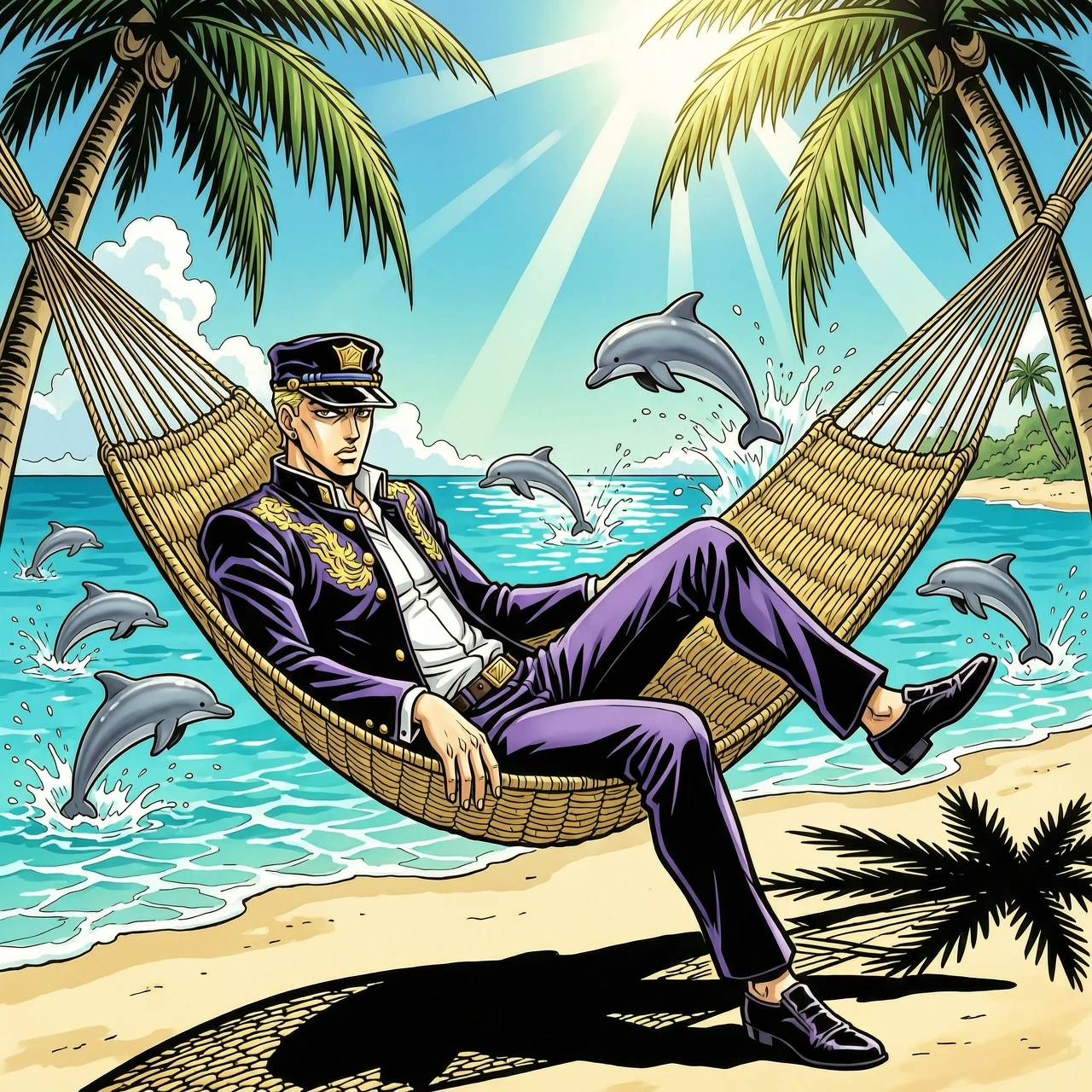 Jotaro Kujo from JoJo's Bizarre Adventure, rendered in Hirohiko Araki's signature hyper-stylized art style, lounging relaxed in a woven tropical hammock suspended…