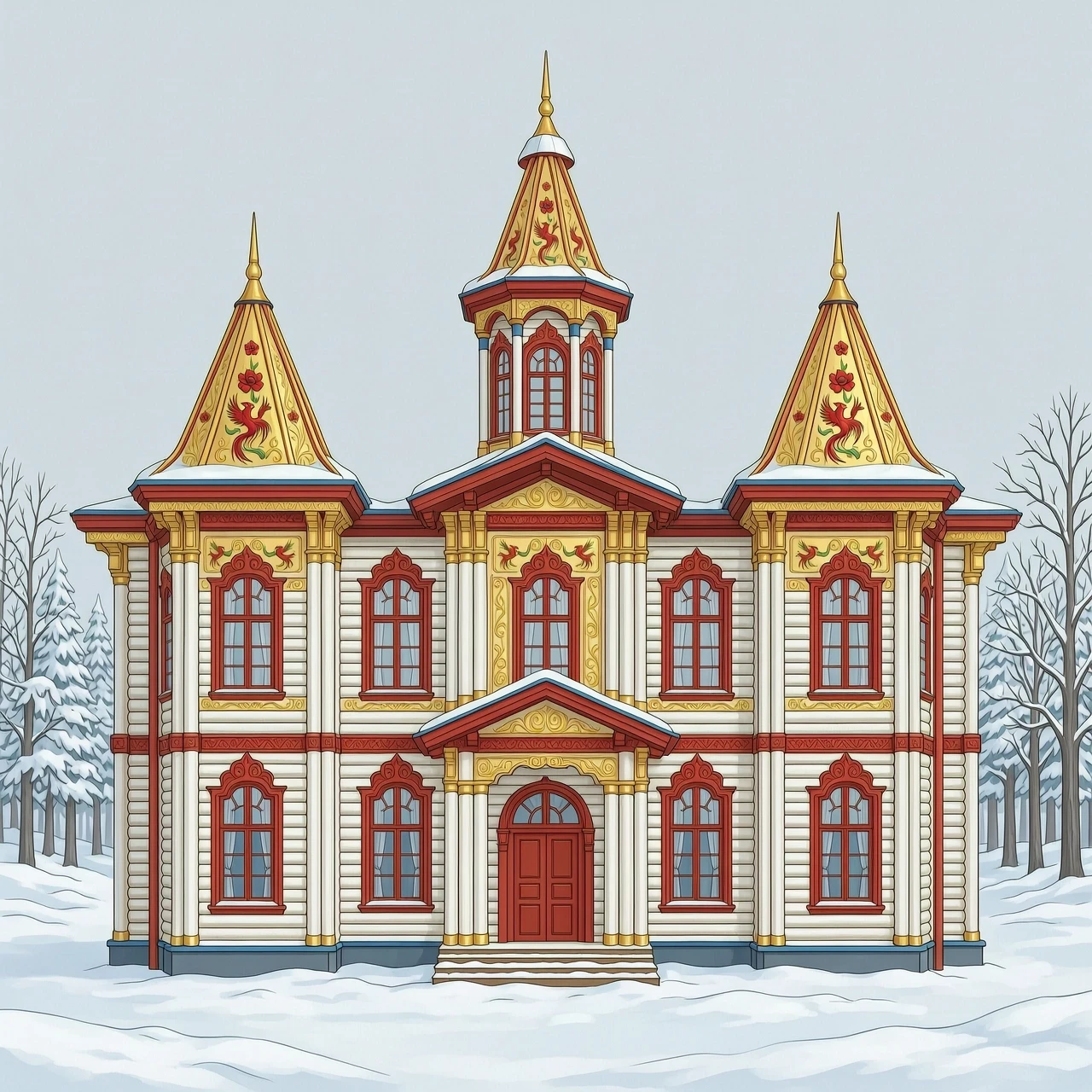 create a drawing of a tower, a royal estate, 2 floors, with turrets, kokoshniks, scarlet flowers and firebirds on tiles, carved columns, many colored murals on the facade, built…
