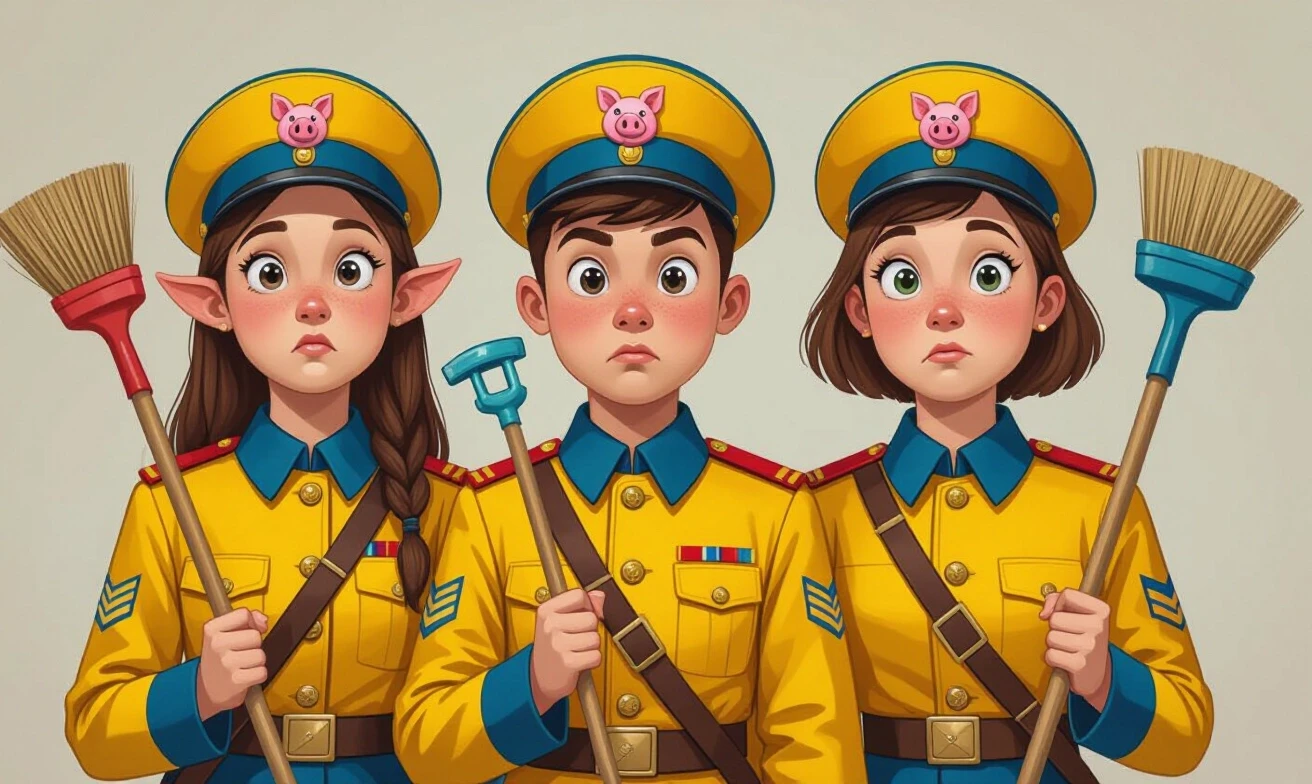 Teenagers with stupid faces, in yellow and blue military uniforms, wearing military caps with cockades in the shape of a pig's head, holding brooms and plungers in their…