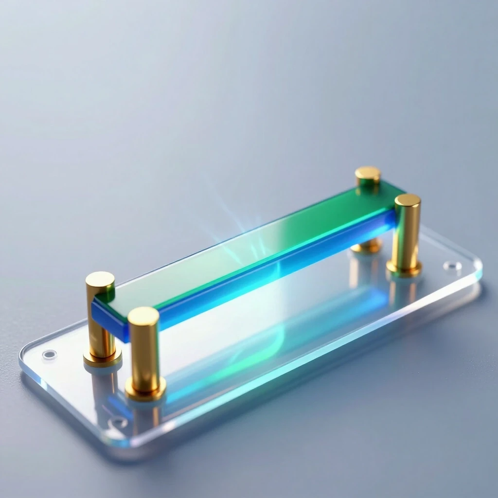 A hyper‑realistic scientific 3D illustration of a single organic field‑effect transistor with a bottom gate and top contacts of the following structure (thin layers from bottom…