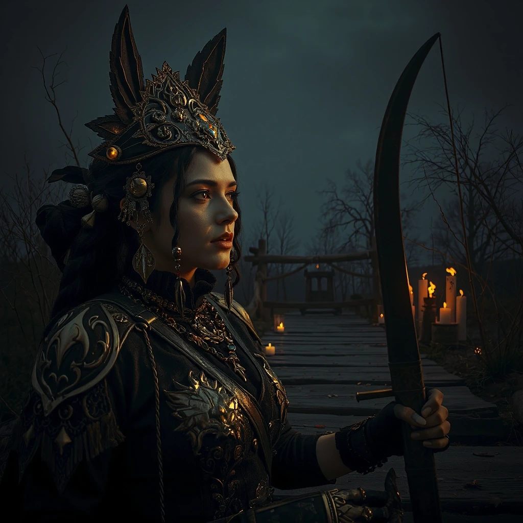 Aristocratic Irresistible Female Hunter, Panorama, Gloomcore, pov, fine artistic composition, magical atmosphere, cinematic perfect intricate stunning fine detail, background…