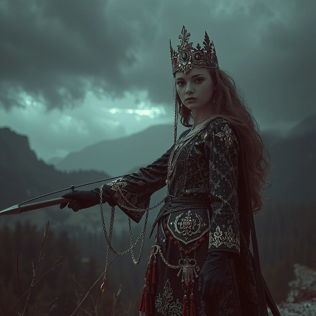 Aristocratic Irresistible Female Hunter, Panorama, Gloomcore, pov, fine artistic composition, magical atmosphere, cinematic perfect intricate stunning fine detail, background…